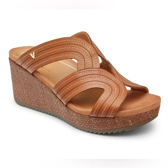 VIONIC MALORIE Raffia Natural Tan Leather Open Toe Slip On Wedge Sandals Sz 9.5 - Picture 1 of 16